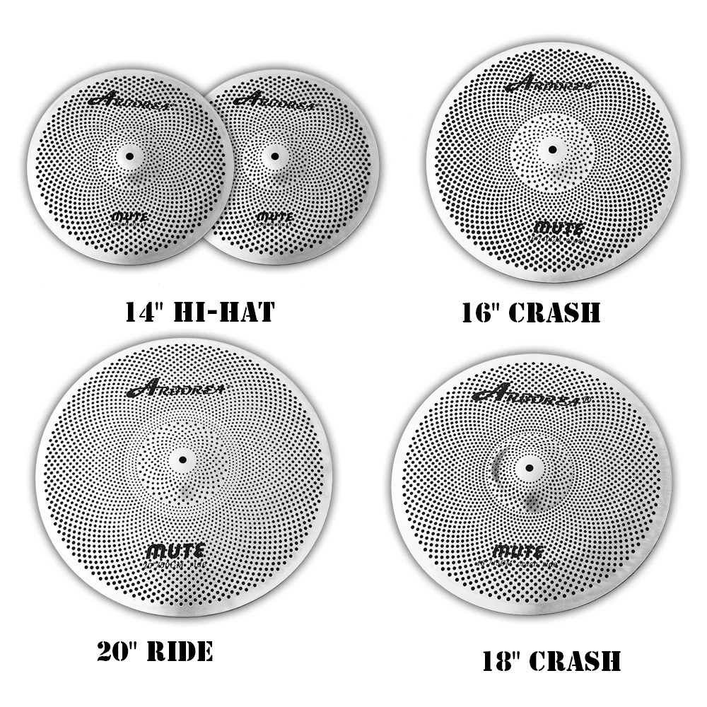 Arborea Silent Low Volume Cymbal Pack 5 PCS+Cymbal Bag Silver For Jazz Drum Set Kids Drum Beginners Best Gifts