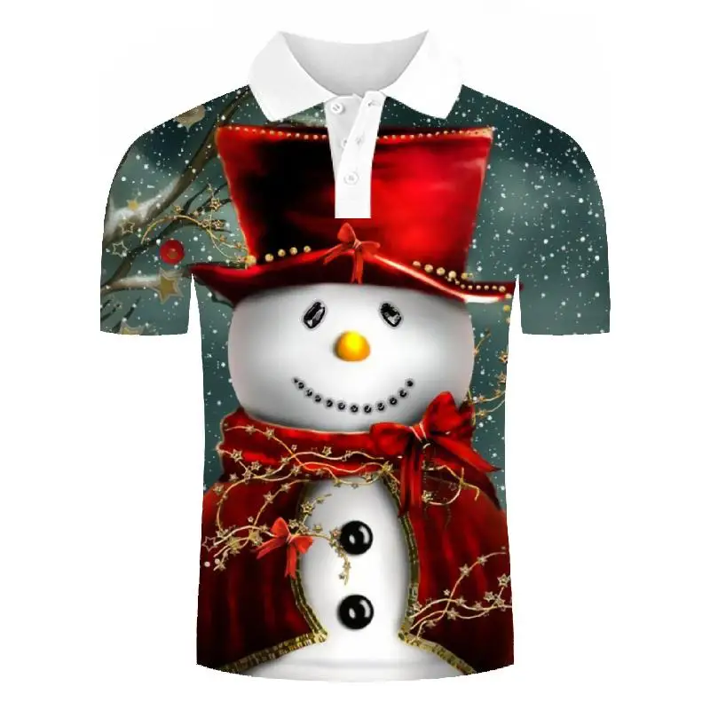 Рождественская серия, мужская рубашка поло, 3D Рождественская Футболка с принтом снеговика, мужская летняя черная рубашка с коротким рукавом, новинка
