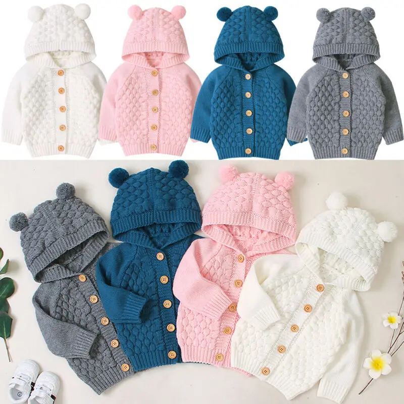 Милый свитер с длинными рукавами и объемными ушками для маленьких мальчиков и девочек, теплое вязаное пальто с капюшоном, верхняя одежда