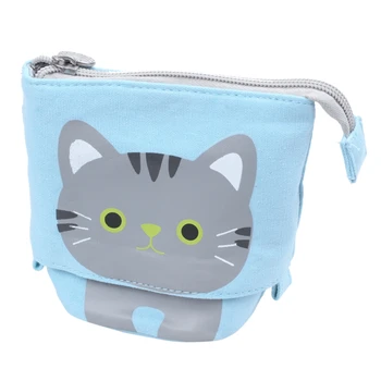

canvas Cartoon Cute Cat Telescopic Pencil Pouch Bag Stationery Pen Case Box with Zipper Closure -blue