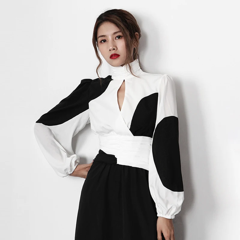 CHICEVER корейский хит цвет Женская рубашка стенд фонарь рукав туника Выдалбливают женские блузки осень модная новая одежда