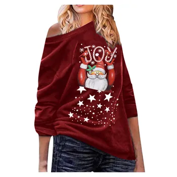 

Women's Christmas Blouse New Plus Size Off The Shoulder Long Sleeve Print Pullover Winter Spring Fashion Casual Loose Tops YL5
