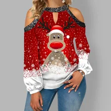 

New 2021 Women Christmas Elk Print T Shirt Casual Off Shoulder Loose Pullover Tops Fashion Long Puff Sleeve Lady Winter Clothes