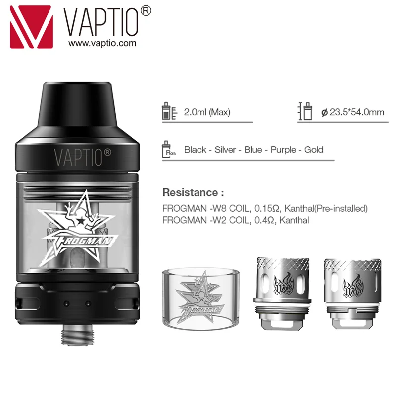 Vaptio Frogman бак 2 мл vape бак электронная сигарета атомайзер 510 нить испаритель катушки 0,15 Ом/0.4ом