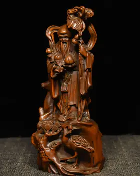 

wedding decoration Chinese Buddhism Boxwood Wood Carved Longevity God Shou Star Deer Crane Statue