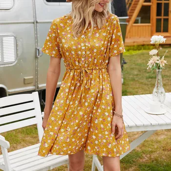 

Free ShippingSummer Floral Dress Women V-neck Short Sleeves Chiffon Bohemian Dresses Casual Beach Dress