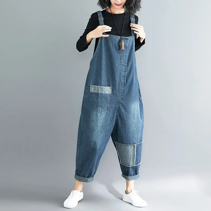 

Women 2019 Autumn Straps Sleeveless Denim Overalls Vintage Loose Solid Jeans Rompers Casual Jumpsuits