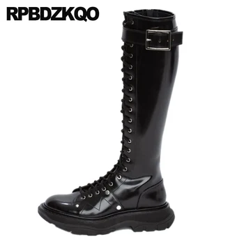 

black wedge platform high heel waterproof winter boots women flatform muffin knee shoes brand patent leather lace up elevator