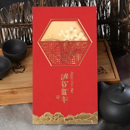 Новинка, новогодняя карта, красная лазерная резка, бумага для рукоделия, китайская открытка на год, Визитная Подарочная открытка - Цвет: RED-A2006