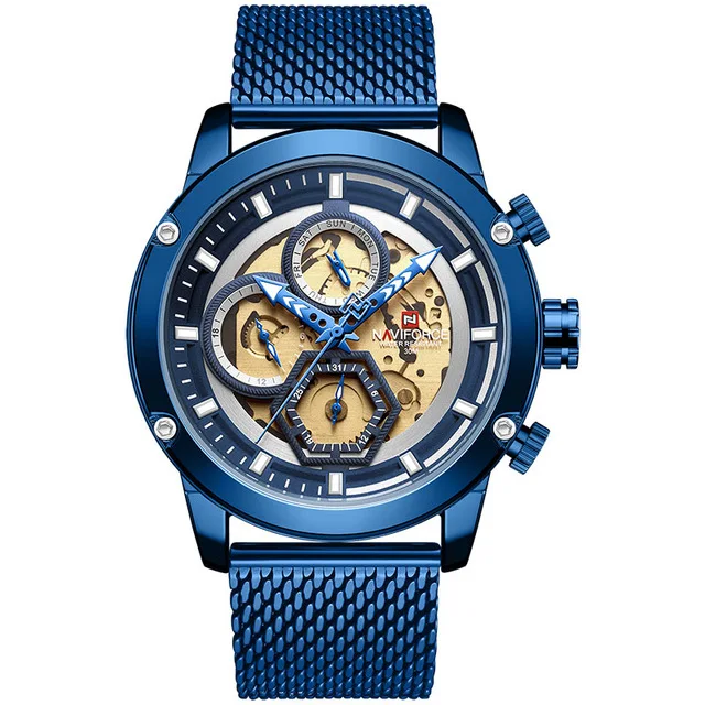 NAVIFORCE мужские s часы лучший бренд класса люкс кварцевые часы мужские кожаные водонепроницаемые наручные часы Мужские часы с календарем Relogio Masculino - Цвет: blue