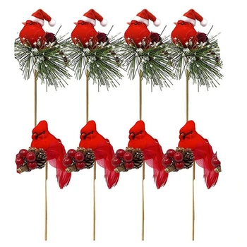 

8PCS Birds Attached to Wooden Stems/ Red Cardinals Birds Decor Christmas DIY Ornament