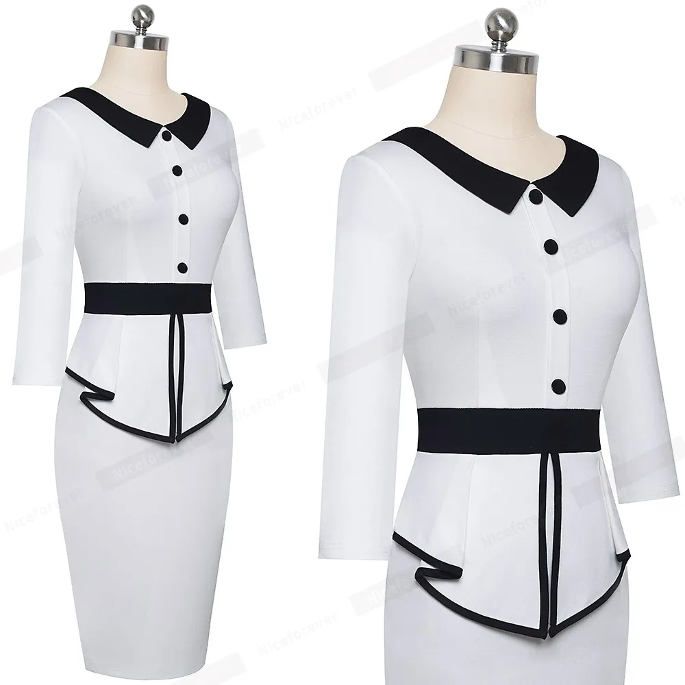 Alyowangyina Vestidos, деловое, официальное, зимнее, облегающее, женское платье, элегантное, контрастный цвет, пэчворк, офисное, с пуговицами, RuffleB558