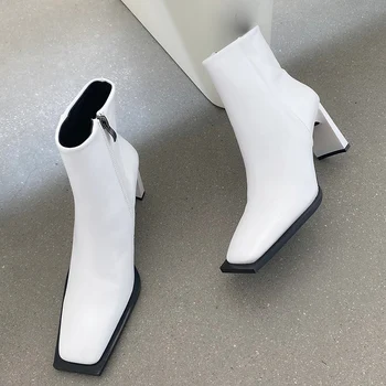 

Luxury 2020 INS Women Square Toe Thick High Heels Ankle Boots Stripper White Black Heels Short Chelsea Boots Winter Party Shoes