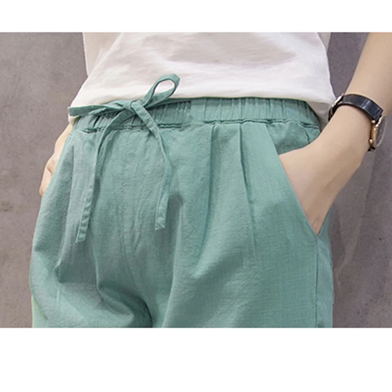 Pantalones mujer, женские штаны-шаровары размера плюс 3XL, Капри, летние хлопковые льняные штаны, брюки с эластичной резинкой на талии, pantalon femme