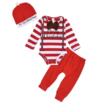 

Newborn Clothes Infant Baby Boys Girls Christmas Stripe Print Romper Bodysuit Pants Hats Outfits Baby Sets Ropa De Navidad