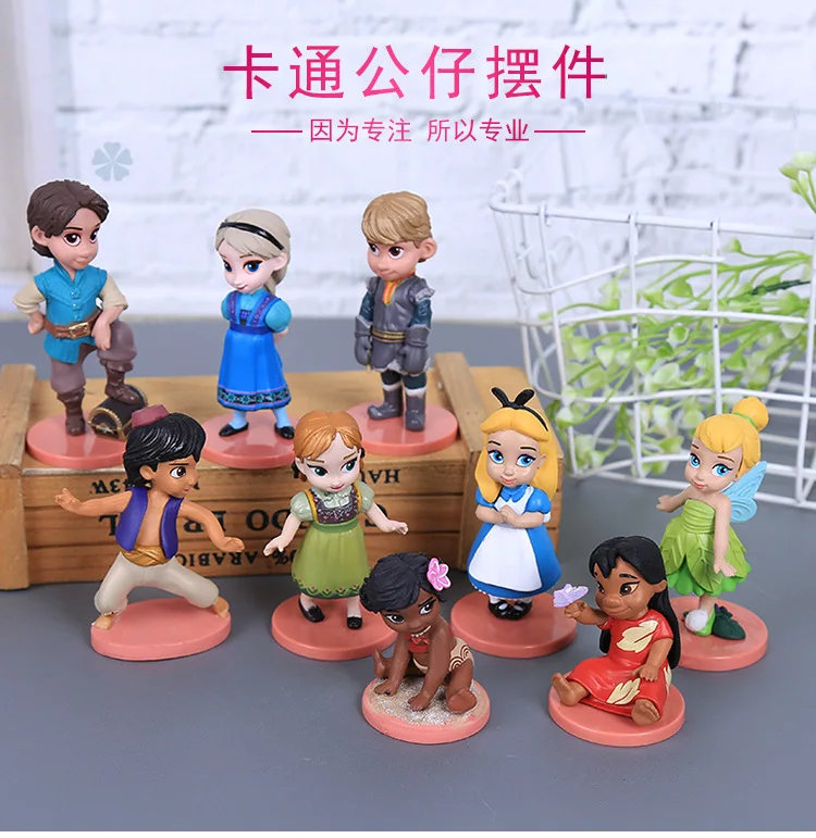 

Action Disney Cartoon Figures Model Set 9 Pcs Thinker bell Aladdin Moana Lilo Alice Snow White Disney Princess Toys for Children