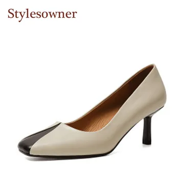 

Genuine Leather Thin Heels Pumps New Autumn Spring Fashionable Mixed Color Square Heel Shallow Mouth Single Shoes For Ladies