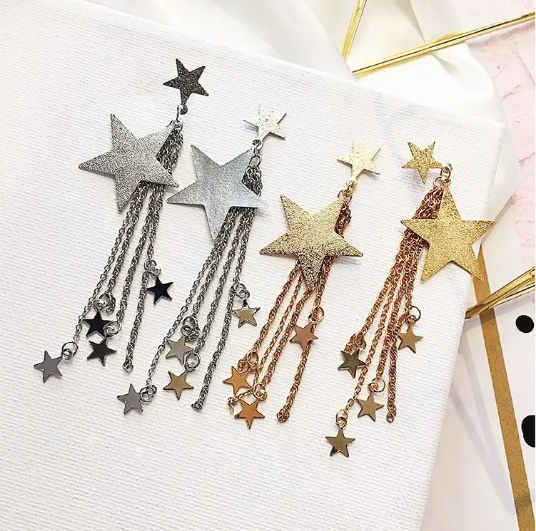 

Fashion Web Celebrity Earrings with Personality Temperament Five-pointed Star Long Fringe Earrings Popular Earrings Stud Tide