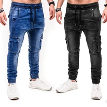 Pantalones vaqueros elásticos de alta calidad para hombre, Vaqueros deportivos de cintura elástica con cordón y múltiples bolsillos, pantalones Cargo informales de Hip Hop para correr