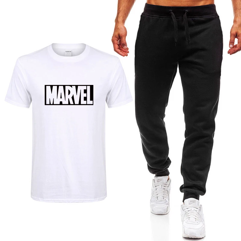 Новая модная летняя футболка с принтом Marvel, мужская повседневная хлопковая футболка в стиле хип-хоп с коротким рукавом высокого качества+ штаны, костюм, одежда