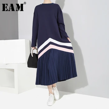 

[EAM] Women Blue Striped Split Pleated Midi Dress New Round Neck Long Sleeve Loose Fit Fashion Tide Spring Autumn 2020 1S707