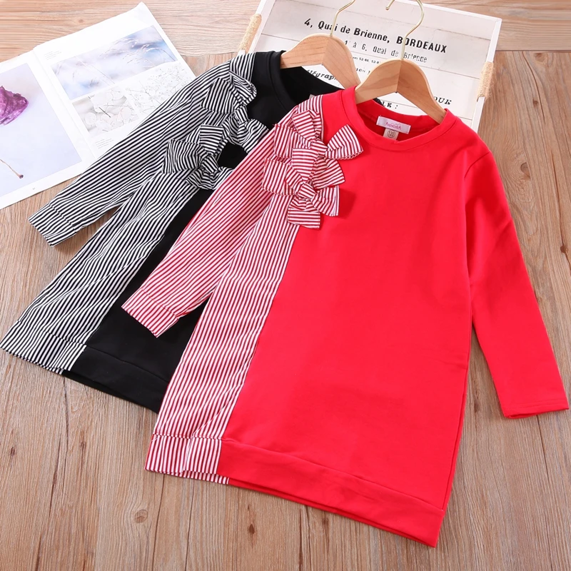 Girls' Striped Dress With Bow Children's Clothing Hot Sale Girl Kids