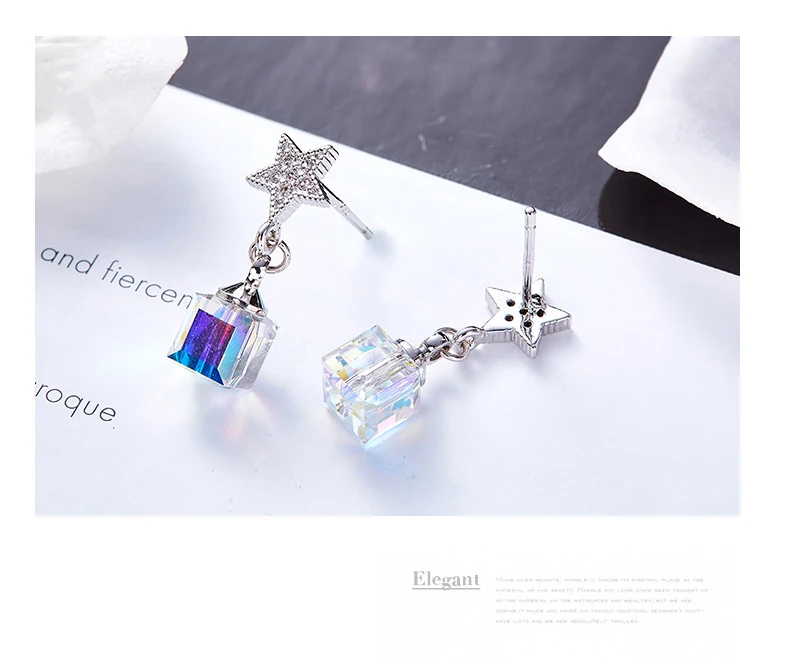 Warme Farben Crystal from Swarovski Earrings for Women S925 Sliver Square Cube Crystal Drop Earrings Korean Earrings Brincos