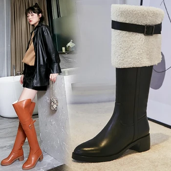 

Genuine Leather Over The Knee High snow Boots Sexy Women 4.5cm High Heels Long Winter Warm Snow Boots woman size 42 43