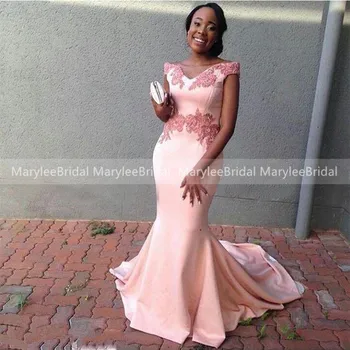 

Pink Mermaid Prom Dresses With Appliques 2020 V Neck Women Long Sweep Train Formal Evening Dress Party Gowns Vestido De Festa