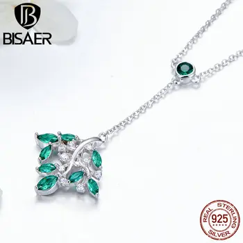 

BISAER 925 Sterling Silver Y-shape Pendant Necklace for Women Green Cubic Zirconia Tree of Life Necklaces Fashion Jewelry GAN036
