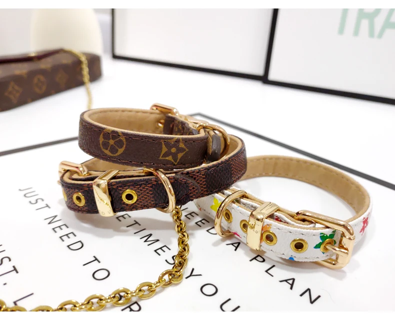 Wholesale Dog Collar Leash Classical 10pcs/lot Brown Flower Simple Designer Pet Collar Lead PU Leather Quality Buckle