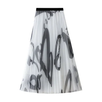 

Mesh Yarn A-Line Pleated Woven Midi Skirt Lady Irregular Print Casual Knee Length Skirts Female Spring Autumn Fashion Faldas