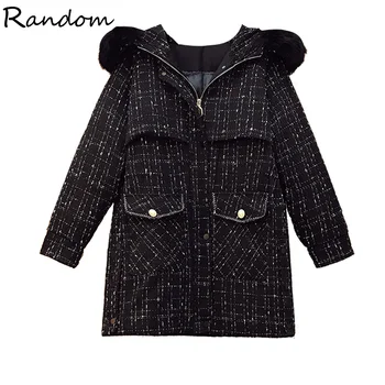 

Plus Size Women 2020 Winter Warm Black Tweed Jacket Coats Fur Hooded Collar Outerwears Vintage Thick Parkas Coat Oversized Tops