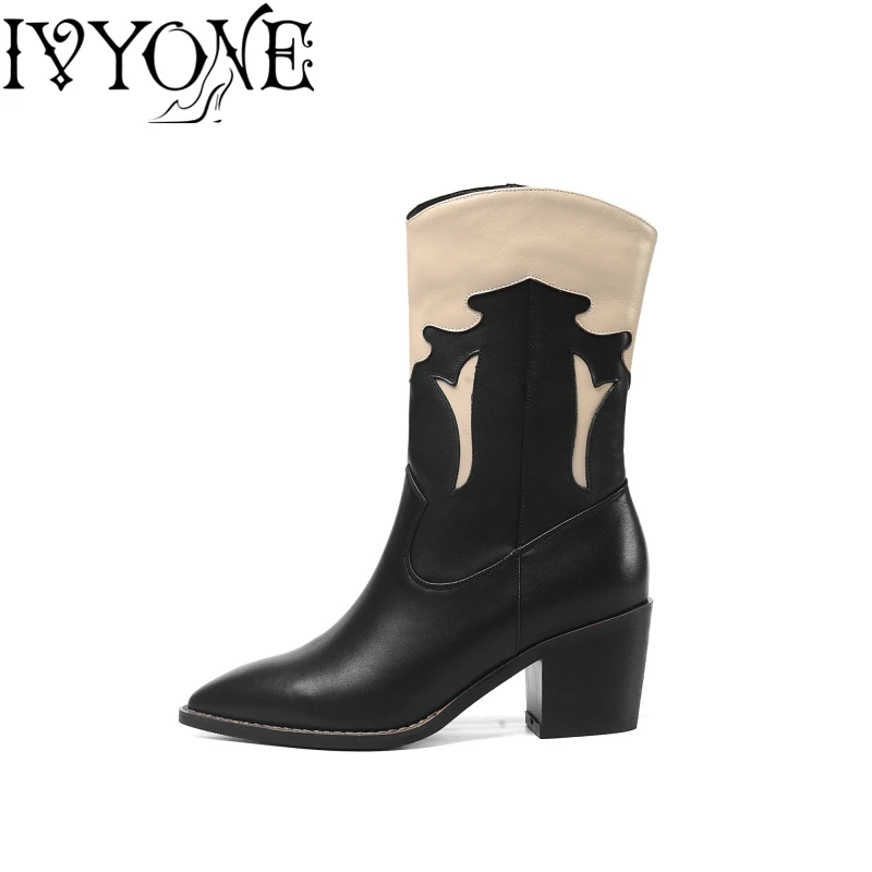

Mixed Color Women Boots Leather Autumn Winter Pointed Mid Calf Shank Boots for Ladies 6cm Block Heels Slip on Woman Boots