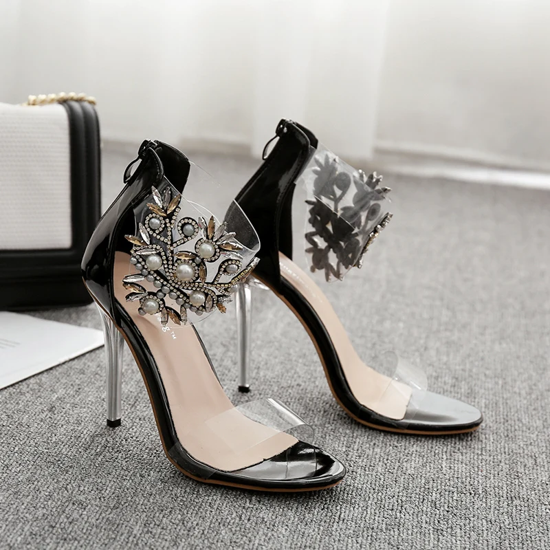 Женские босоножки на высоком каблуке 10 см с жемчугом; женские прозрачные туфли со стразами; роскошные дизайнерские женские летние туфли-лодочки с ремешком на щиколотке