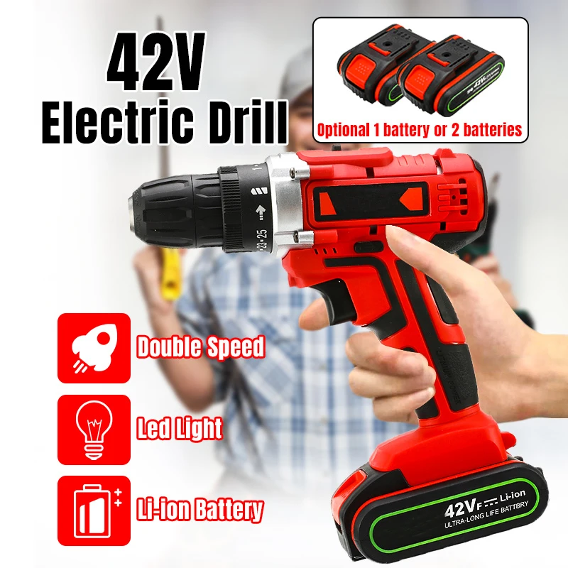 

Electric Drill Cordless Screwdriver 42V 110-240V Lithium Battery LED Light Mini DIY Wireless Power Driver 2-Speed Power Tools