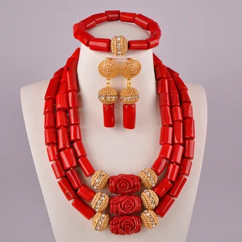

Nigeria Red Coral Jewelry Necklace Set Wedding Engagement Jewelry Sets for Women