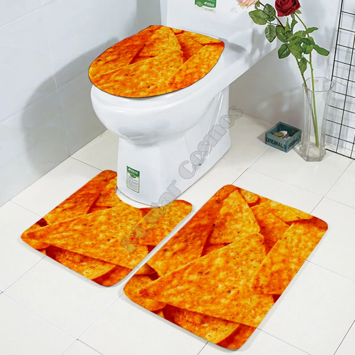 

Chips Three-piece set 3D printed Bathroom Pedestal Rug Lid Toilet Cover Bath Mat Set 04