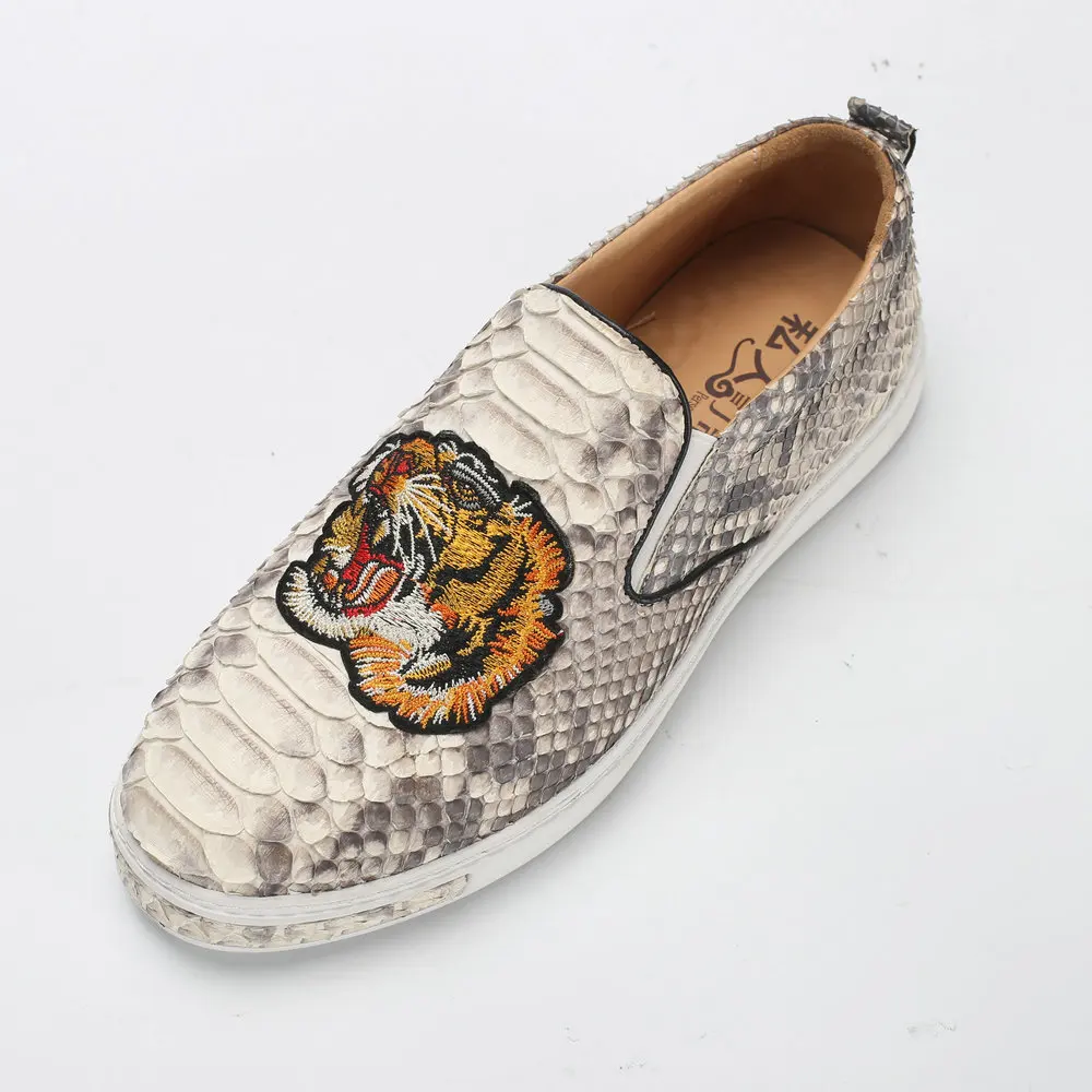 

2021 new design 100% real genuine snake skin python leather leisure loafer shoe cow skin lining with tiger head decoration