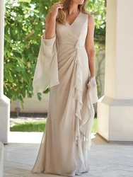 Mother of the Bride Dress Elegant V-Neck Floor Length Chiffon Sleeveless with Ruffles Bridal Party Gown Customed Vestidos