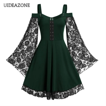 

UIDEAZONE Vintage Gothic Women Dress Lace Crochet Flare Sleeve Vampire Witch Dresses Medieval Renaissance Goth Cosplay 5XL