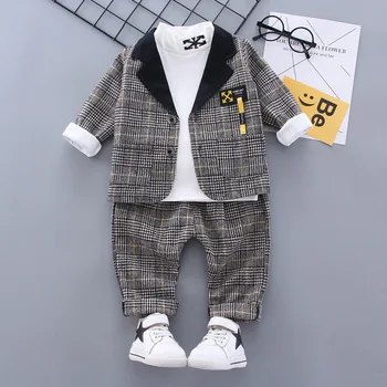 

Boys' spring suit 2020 new baby wear boys' autumn black collar checked suit+ embroidered high collar top coat gown three-piece