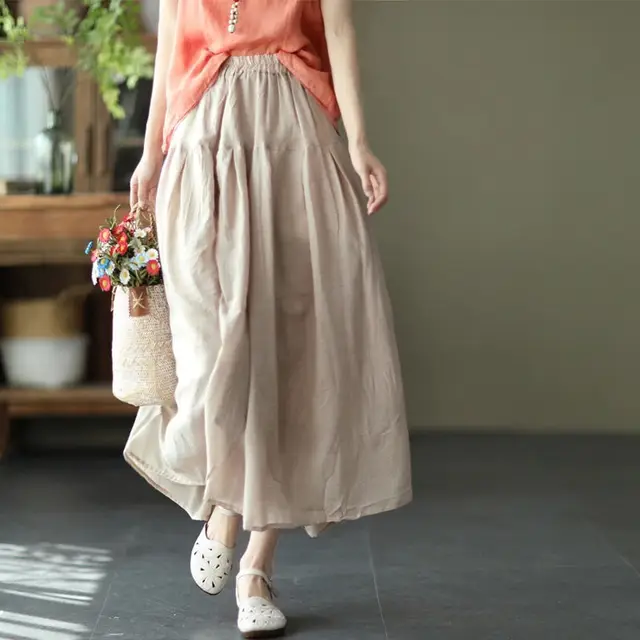 Falda de lino y algodón de doble capa para mujer, falda elegante de Color puro, estilo literario, novedad verano, 2021|Faldas| -