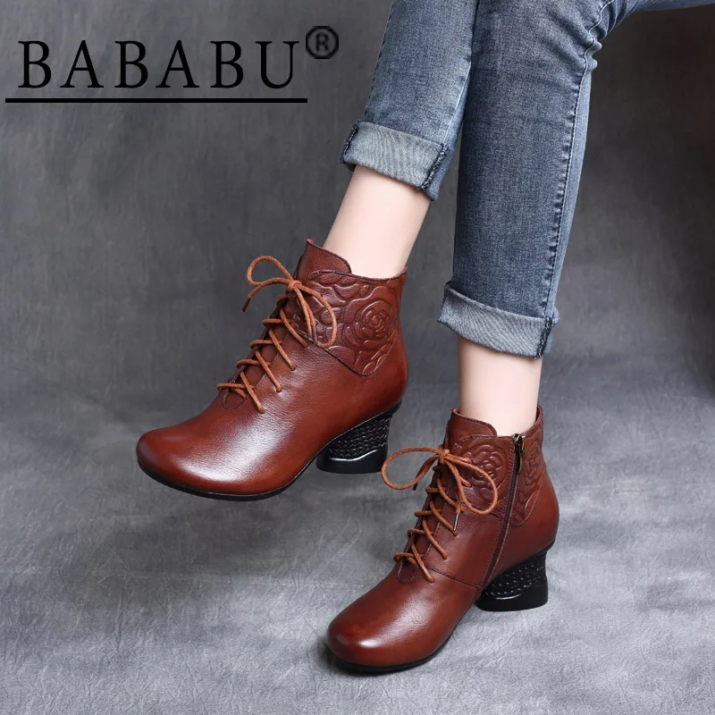 

2019 autumn and winter new national style retro leather side zipper comfortable thick with heel boots with thick heel boots