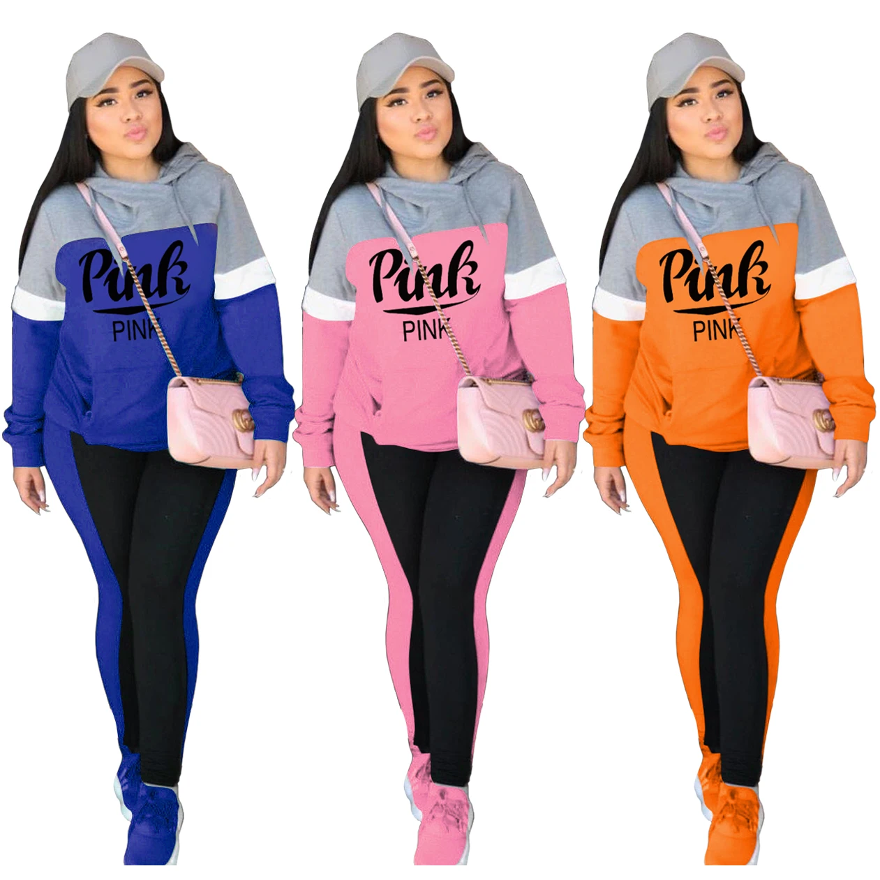 H1751 European and American autumn winter hot women's clothing letter printing color block splicing fashion leisure suit spo |