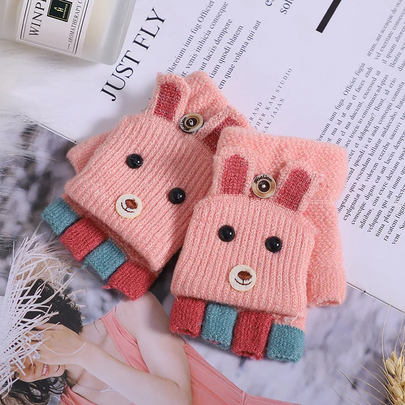 Новинка, 6 цветов, мягкие митенки для новорожденных, теплые перчатки с рисунком кролика для маленьких мальчиков и девочек от 1 до 3 лет, зимние и осенние шерстяные вязаные перчатки для малышей - Цвет: Pink