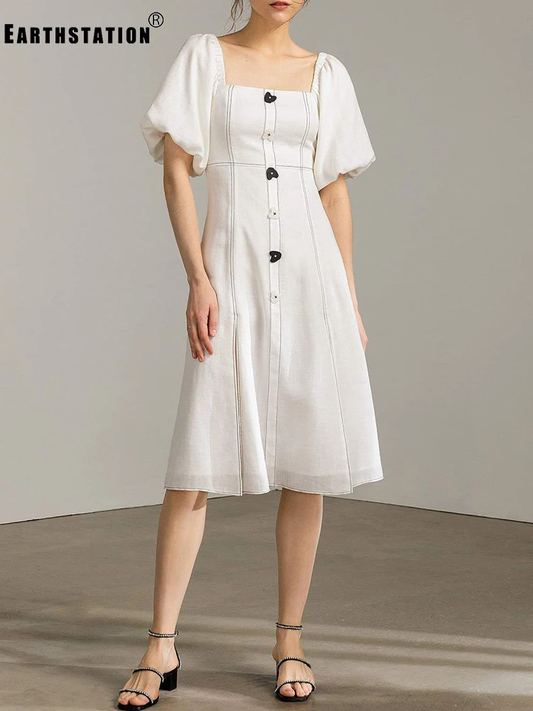 Женское платье с рукавами-фонариками на одной пуговице и квадратным воротником