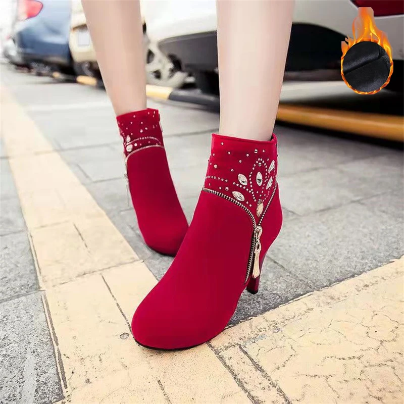 

Women's Stiletto High Heels Plush Short Boots 2021 Autumn And Winter New Side Zipper Rhinestone Cotton Boots And Bare Boots