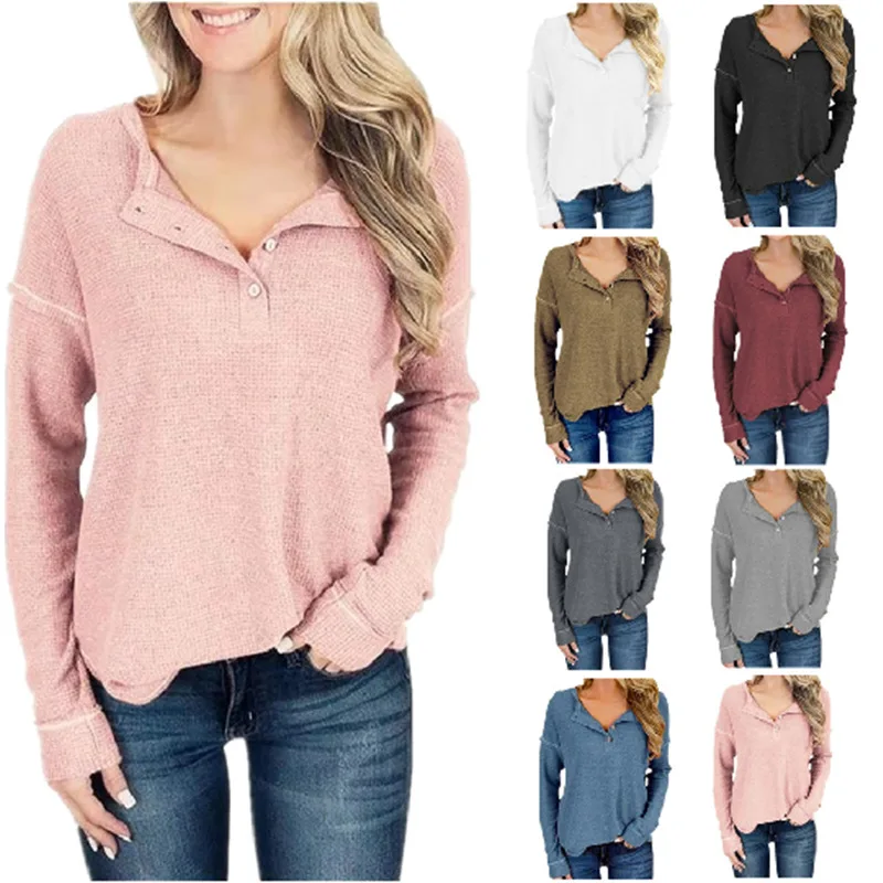 

2019 autumn and winter new women solid color T-shirt waffle button knit long-sleeved ladies casual shirt top