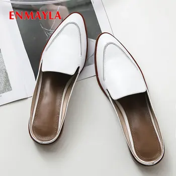 

ENMAYLA 2020 High Heel Genuine Leather Slip-On Mules Women Shoes Square Heel Round Toe Casual Shoes Woman Leisure Women Shoes